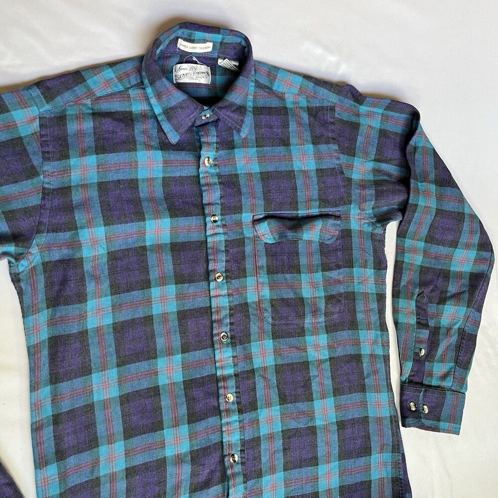 VTG Sears Roebuck & Co Mens M Medium Flannel Shirt Blue Purple Plaid Long Sleeve